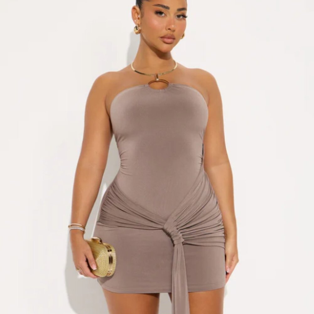 Fashion Nova Dorinda Draped Ruched Mini Dress - Grey- Halter Choker